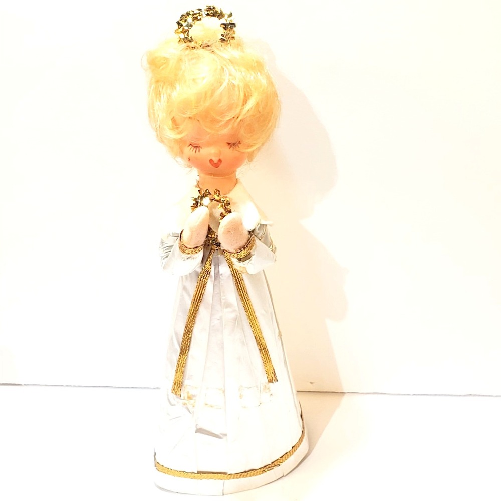 VTG Cardboard Angel w Wreath Christmas Tree Topper Rubber Face Foil Dress DAMAGE